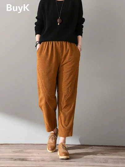 Plus Size Women's Brown Corduroy Harem Pants - High Waist Loose Fit, Retro Style For Autumn/Winter. This Corduroy Pants Feature A Comfortable Elastic Waistband And Signature Low-Crotch Design, Combining Vintage Charm And Modern Comfort.