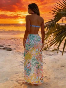 Bộ bikini hai dây gợi cảm dành cho nữ, áo croptop hở lưng kết hợp với chân váy in họa tiết co giãn cao cấp. - Màu xanh lam - Xem 3