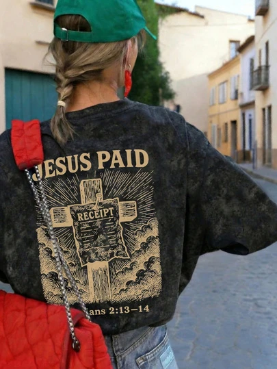 Summer New Fashion English Letter Print Casual Round Neck Tie-Dye Short Sleeve T-Shirt, Versatile Stylish Plum Blossom & Pine Tree Pattern Design, Suitable For Women