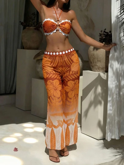 Sexy Hollow Ring Strap Bikini Top And High Elastic Semi-Sheer Bottoms Women's Bikini Set