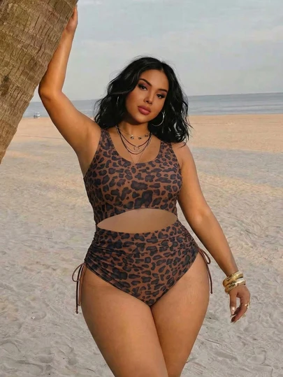 Große Größen Sexy Leoparden-Muster Ärmellos Rundhals Elastisch Gestrickt Bikini Badeanzug