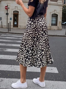 Apperloth A 优雅缎面豹纹高腰A字裙，松紧腰带，后背隐形拉链，鱼尾裙摆，商务休闲沙滩度假连衣裙 - 黑色 - 查看 2