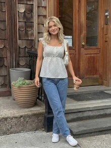 Áo kiểu nữ chấm bi, bèo nhún, dây đeo vai, cổ vuông, thiết kế eo, mẫu mới mùa hè. - Đen và trắng - Xem 3