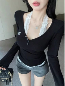 女士新款蕾丝吊带性感设计上衣，长袖蕾丝拼接针织衫，黑色，春季款 - 黑色 - 查看 2