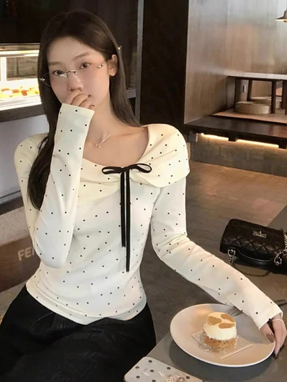 New Korean Style Polka Dot Oblique Collar Long Sleeve Women Blouse With Unique Bow Design, Slim Fit And Versatile Spring