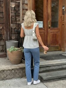 Áo kiểu nữ chấm bi, bèo nhún, dây đeo vai, cổ vuông, thiết kế eo, mẫu mới mùa hè. - Đen và trắng - Xem 2