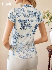 BuyK 【上衣】复古优雅女士印花修身针织中式立领短袖衬衫 - 休闲/工作/度假女士衬衫 白色夏季 - 白色 - 查看 2
