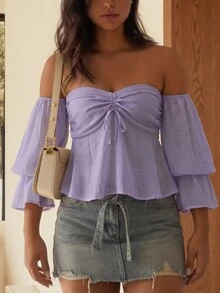 女士新款露肩短款上衣，性感休闲，适合晚宴、约会、春夏纯色优雅装扮、海滩度假、乡村风、圣诞节、教师节、情人节等场合。 - 淡紫色 - 查看 1