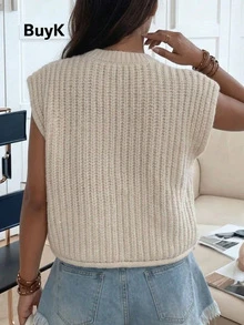BuyK Chaleco de punto grueso con botones al frente, estilo patchwork con bolsillos, de moda casual minimalista y versátil para mujer, talla grande, para primavera - Albaricoque 1 - Ver 3