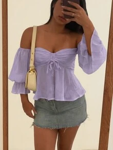 女士新款露肩短款上衣，性感休闲，适合晚宴、约会、春夏纯色优雅装扮、海滩度假、乡村风、圣诞节、教师节、情人节等场合。 - 淡紫色 - 查看 2