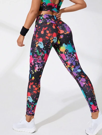 新款夏季高腰弹力彩色泼墨印花速干透气女式健身瑜伽裤