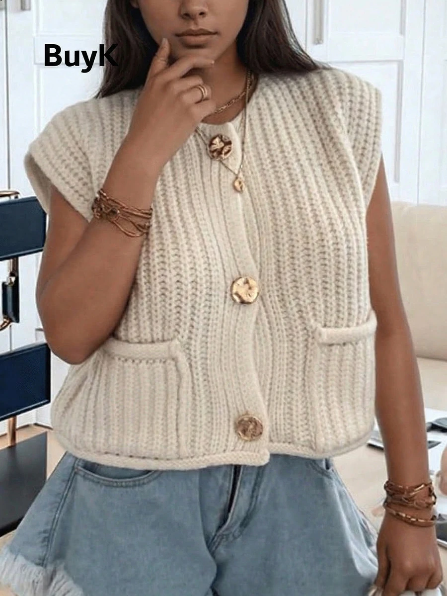 BuyK Chaleco de punto grueso con botones al frente, estilo patchwork con bolsillos, de moda casual minimalista y versátil para mujer, talla grande, para primavera