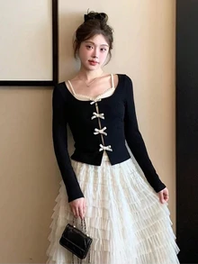 女士春季新款甜美芭蕾舞风格修身长袖针织毛衣，饰有蝴蝶结，叠穿造型黑色上衣 - 黑色 - 查看 2