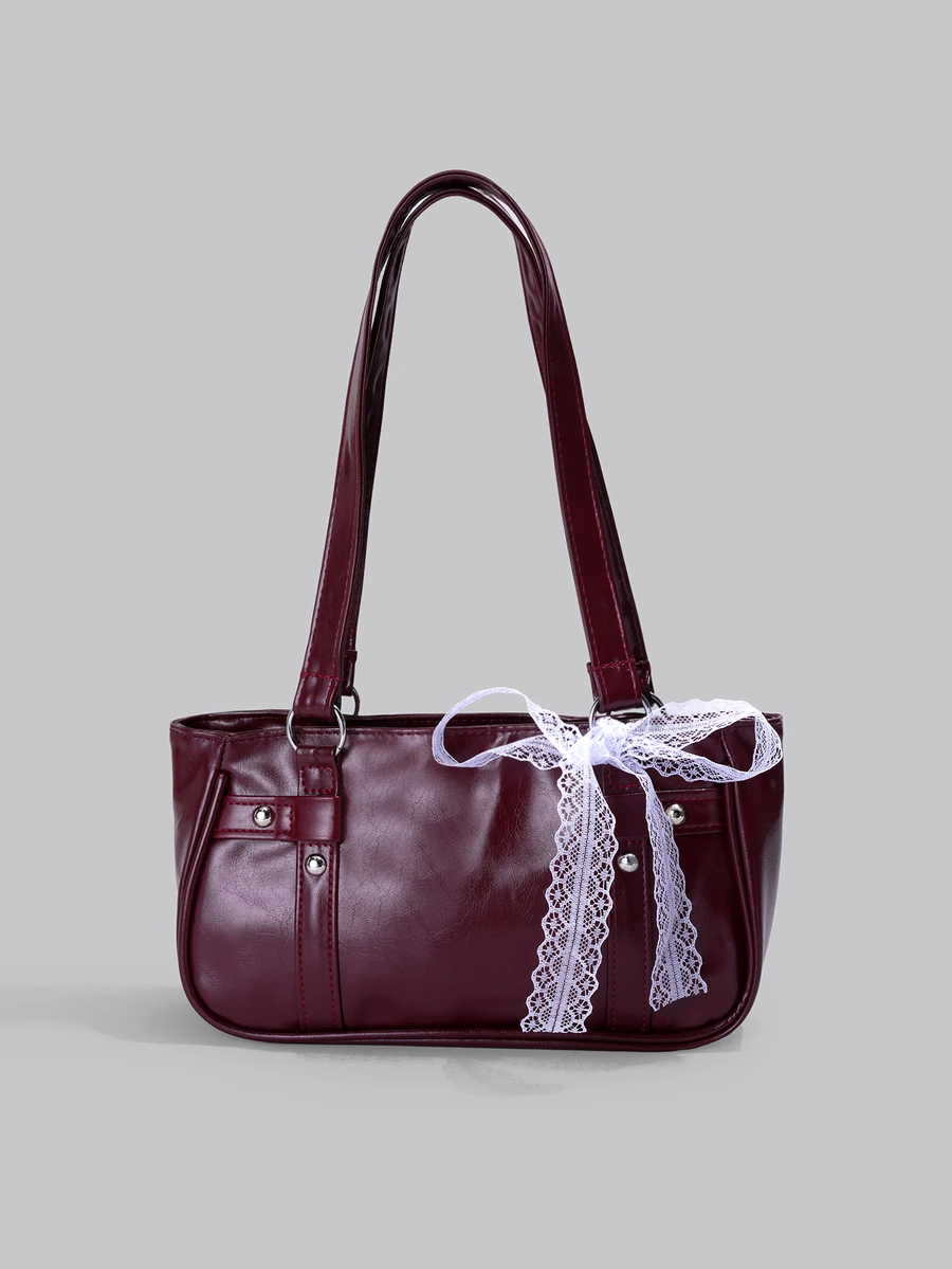 DareSee 1pc Wine Red Metal Rivet Decor Solid Color PU Baguette Bag, Women Shoulder Bag, Winter New Arrival, Burgundy, Christmas Gift - Burgundy - View 1