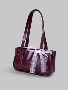DareSee 1pc Wine Red Metal Rivet Decor Solid Color PU Baguette Bag, Women Shoulder Bag, Winter New Arrival, Burgundy, Christmas Gift - Burgundy - View 2