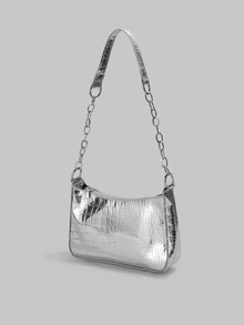 DareSee 迷你鱷魚壓紋流浪包銀鏈條帶 - 銀色 - 查看 2