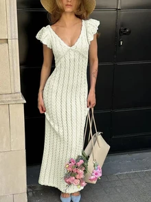 活力时尚女装，百搭款式，适合海滩度假、派对生日等场合，荷叶边优雅，性感修身，简约性感，露背针织连衣裙，约会装扮，夏季外出连衣裙 - 杏色 - 查看 8