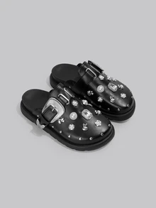 DareSee Zapatos Oxford con cuña y suela gruesa, de moda y cómodos, de color negro con remaches, para el Día de San Valentín, zapatos tipo mula para festivales de música - Negro - Ver 1