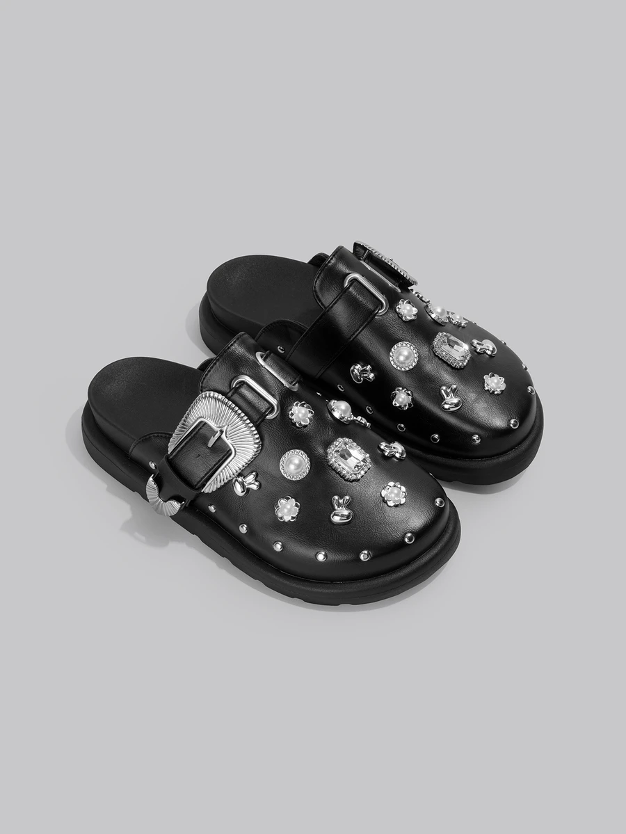 DareSee Zapatos Oxford con cuña y suela gruesa, de moda y cómodos, de color negro con remaches, para el Día de San Valentín, zapatos tipo mula para festivales de música - Negro - Ver 1