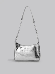 DareSee 迷你鱷魚壓紋流浪包銀鏈條帶 - 銀色 - 查看 1