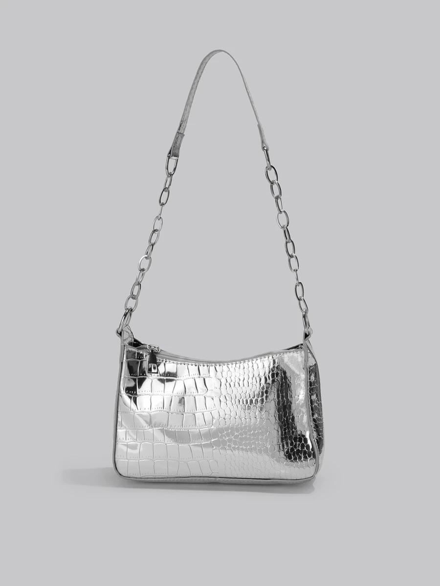 DareSee 迷你鱷魚壓紋流浪包銀鏈條帶 - 銀色 - 查看 1