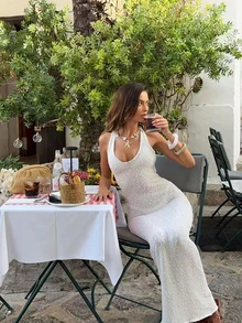 女士性感时尚优雅修身沙滩度假针织吊带连衣裙，春夏款 - 白色 - 查看 1