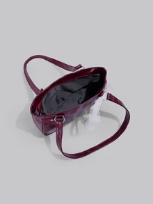DareSee 1pc Wine Red Metal Rivet Decor Solid Color PU Baguette Bag, Women Shoulder Bag, Winter New Arrival, Burgundy, Christmas Gift - Burgundy - View 4