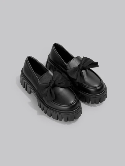 DareSee Women's Black Bow Slip-On Platform Shoes, Thick-Sole Non-Slip Leather Loafers, Korean Style Elevated Casual Retro Flats Valentines,Mary Janes Music Fest