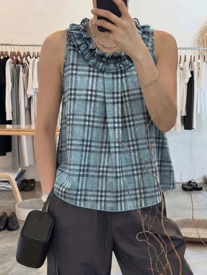 女士百搭圆领荷叶边格子无袖背心，春夏款