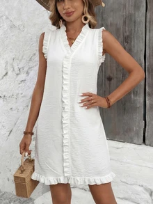 女士宽松休闲V领荷叶边无袖连衣裙，春夏款 白色 - 白色 - 查看 1