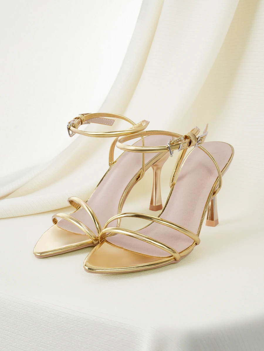 Clariva 女士夏季金色细高跟绑带凉鞋，尖头可调节踝带高跟凉鞋，优雅波西米亚风格礼服鞋，适合度假、派对、舞会、婚礼等场合 - 金色 - 查看 1