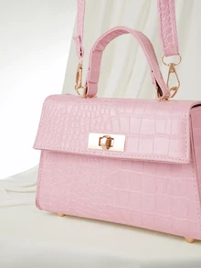 Clariva Mini Fashion Solid Color Flip-Cover PU Handbag Square Bag ,Pink Bag - Pink - View 3