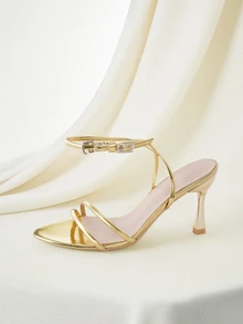 Clariva 女士夏季金色细高跟绑带凉鞋，尖头可调节踝带高跟凉鞋，优雅波西米亚风格礼服鞋，适合度假、派对、舞会、婚礼等场合 - 金色 - 查看 3