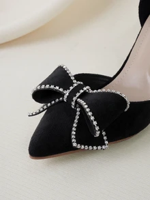 Clariva Women's Fashion One-Buckle Thick Heel Rhinestone Bow Wedding Shoes, Comfortable And Sexy Pointed Toe High Heels, Suitable For Spring And Autumn,Women Pumps,Elegant,Party Outfits - Black - View 4