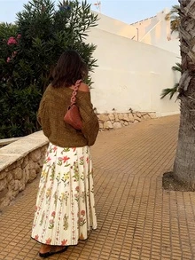 Women's New Elegant Casual Commute Daily Ditsy Floral Pleated Long Skirt - Pleated, Ditsy Floral, Long Length, Contrast Binding Hem, Thin Stiff Woven Skirt Summer - Pale Yellow - View 3