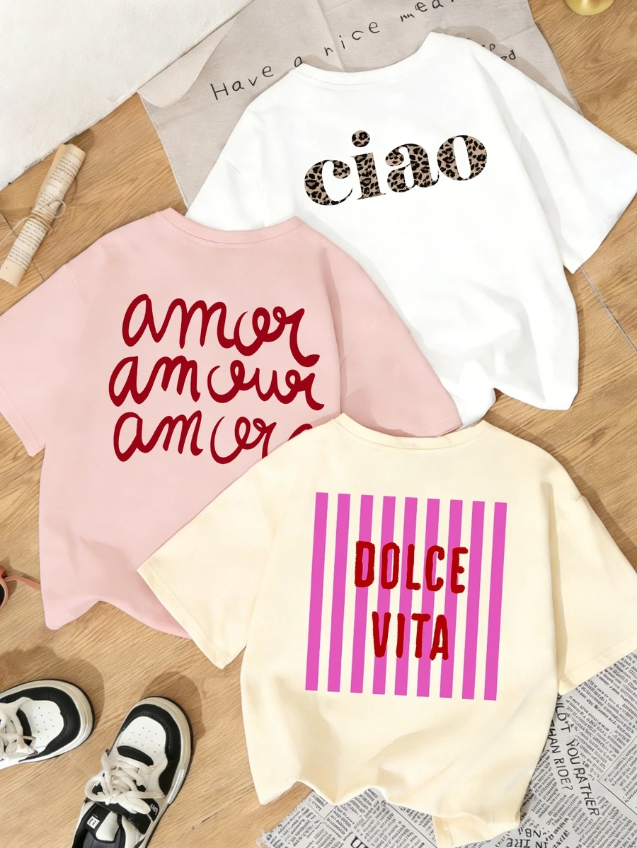 3件套女士夏季字母印花宽松休闲T恤，百搭日常休闲度假装扮 - 彩色 - 查看 1