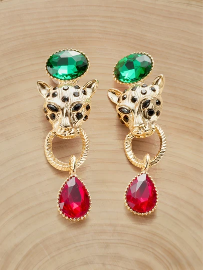 Glizzene 1 Pair Vintage 3D Leopard Fully Embellished Exaggerated Niche Elegant Earrings Wedding Wedding