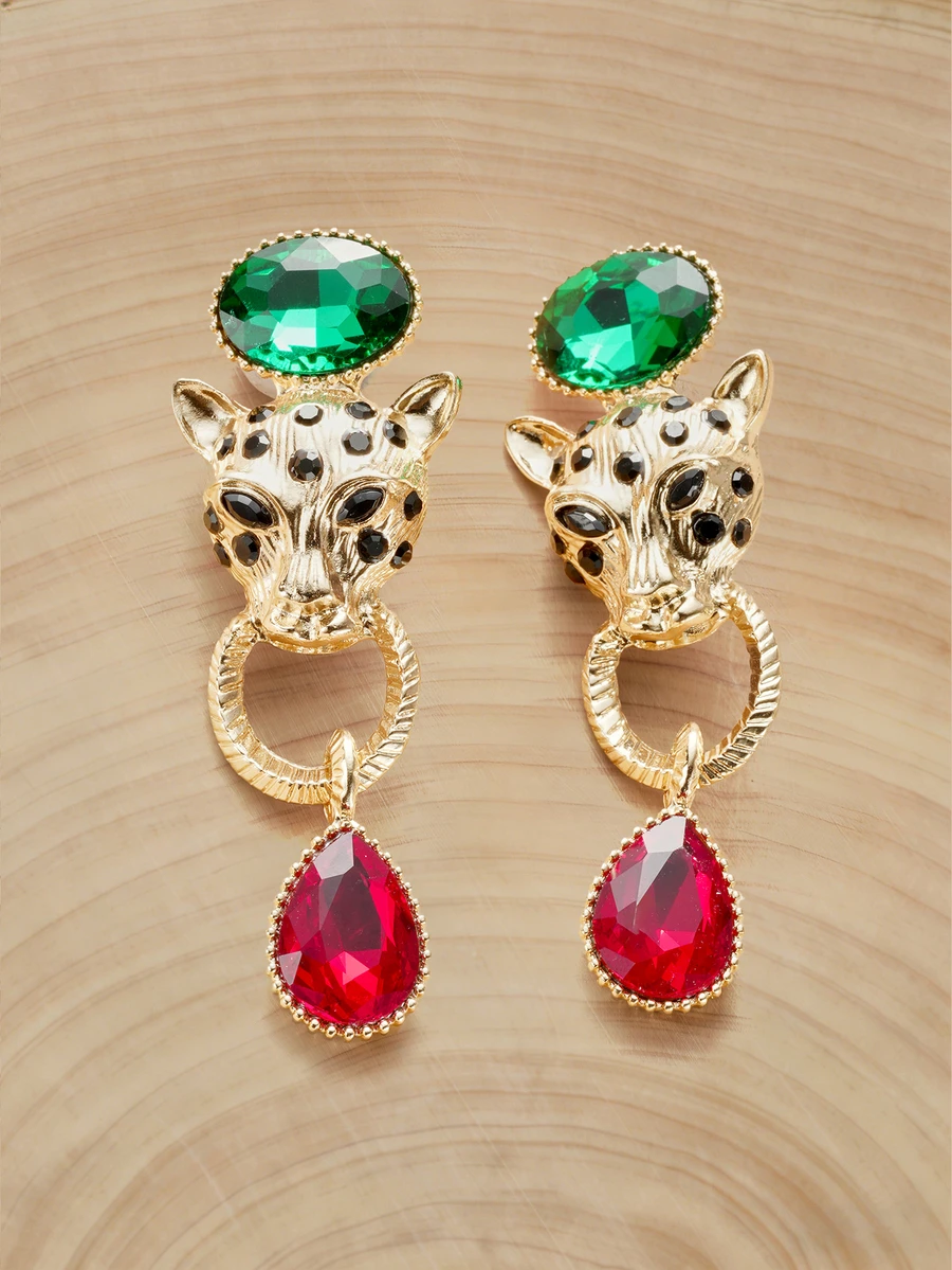 Glizzene 1 Pair Vintage 3D Leopard Fully Embellished Exaggerated Niche Elegant Earrings Wedding Wedding - Yellow Gold - View 1