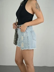 Shorts vaqueros de mujer con efecto desgastado de moda, lavado claro con detalles rasgados, bolsillos y bajo con flecos, estilo recto casual y sexy para el verano - Lavado ligero - Ver 5