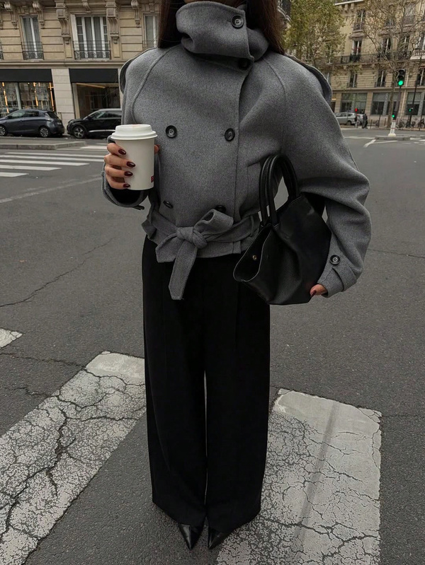 Vintage Tarzı Düz Renk Çift Düğmeli Yüksek Yakalı Kadın Ceket, Sonbahar/Kış/İlkbahar İçin Günlük Kullanıma Uygun Kadın Montu