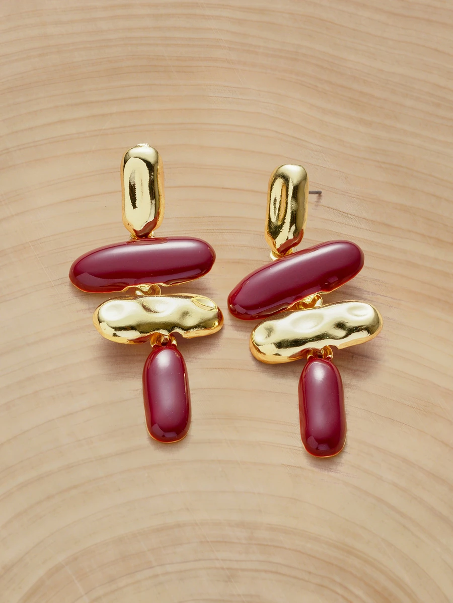 Glizzene 一对夸张不对称几何珐琅吊坠耳环，欧美风格婚礼耳环 - 彩色 - 查看 1