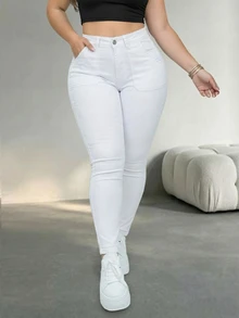 Quần jeans dáng ôm cỡ lớn với túi khóa kéo và trang trí nút, độ co giãn cao, vừa vặn thoải mái, trang phục thường ngày mùa đông cho nữ, màu trắng dáng ôm mùa xuân. - trắng - Xem 4