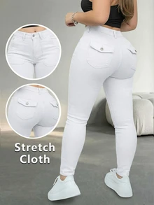 Quần jeans dáng ôm cỡ lớn với túi khóa kéo và trang trí nút, độ co giãn cao, vừa vặn thoải mái, trang phục thường ngày mùa đông cho nữ, màu trắng dáng ôm mùa xuân. - trắng - Xem 3