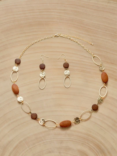 Glizzene 1 Set Vintage Hollow Round Wooden Bead Necklace & Earrings Suit, Fashion Sweater Chain Necklace Suitable For Women Party, Christmas & New Year Gift Wedding Wedding