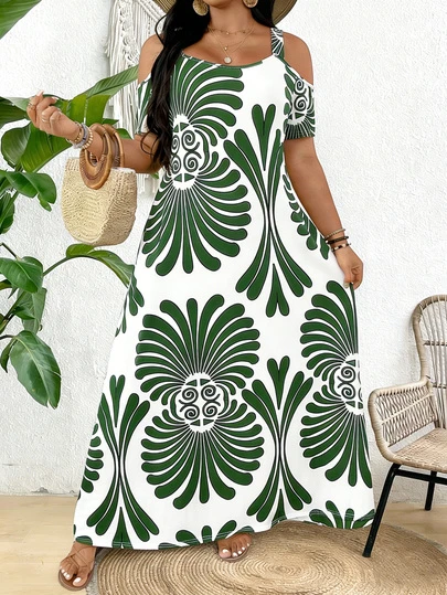 2026春夏大码女式露肩印花连衣裙，女式短袖度假休闲优雅沙滩裙
