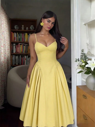 Vestido de verano de talla grande con tirantes finos, elegante, de unicolor, con pliegues en el busto, sexy y elegante, para vacaciones, bodas y fiestas