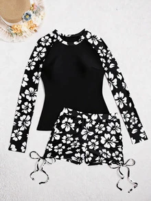 2pcs/Set New Arrival Hot Selling Long Sleeve Swimsuit With Board Shorts - Black and White - View 1
