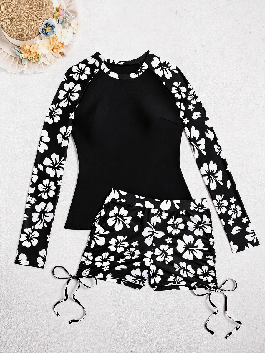 2pcs/Set New Arrival Hot Selling Long Sleeve Swimsuit With Board Shorts - Black and White - View 1