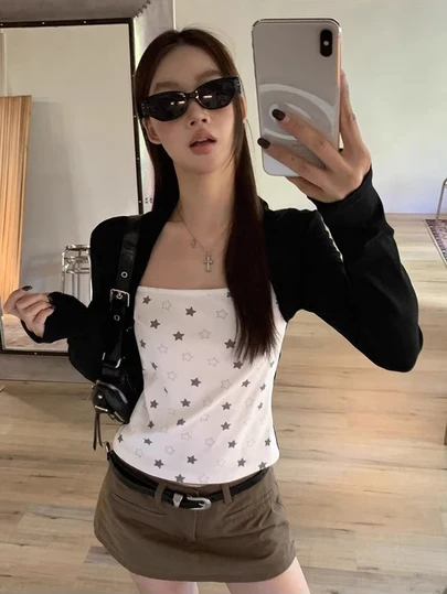 Spring Contrast Color Raglan Sleeve Printed Long Sleeve T-Shirt Women, Versatile Fitted Sexy Top