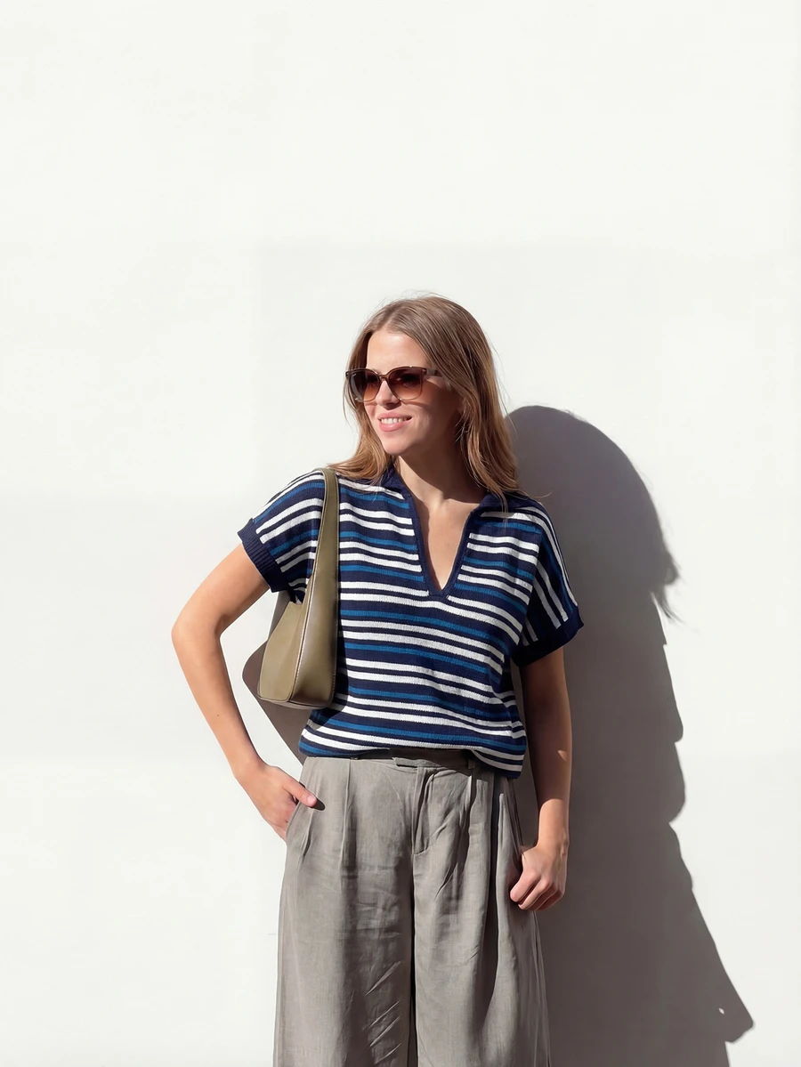 Striped Collar Elegant Casual Vacation V-Neck T-Shirt, Suitable For Beach, Daily, Street, Commute - Blue - View 1